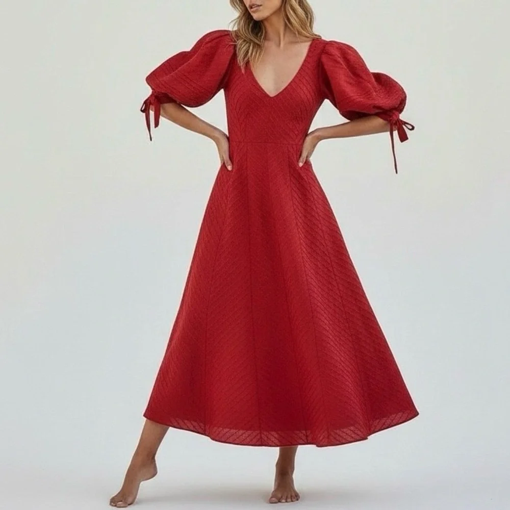 ODET Cherie Chevron Mumu Linen Dress, Red, Medium - Picture 2 of 14